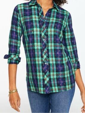 Talbots Green and Navy Plaid Button-Down Shirt with Gold Stitching